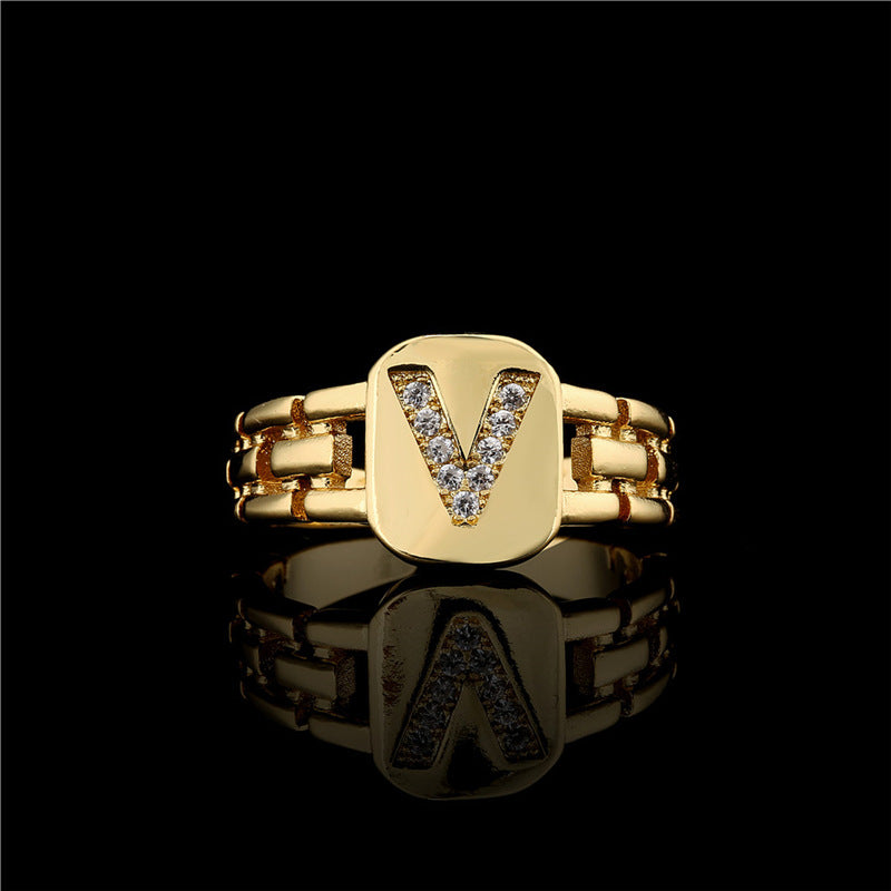 Minimalist Letter Shape Copper Ring with Micro-Pavé Setting Adjustable Geometric Band