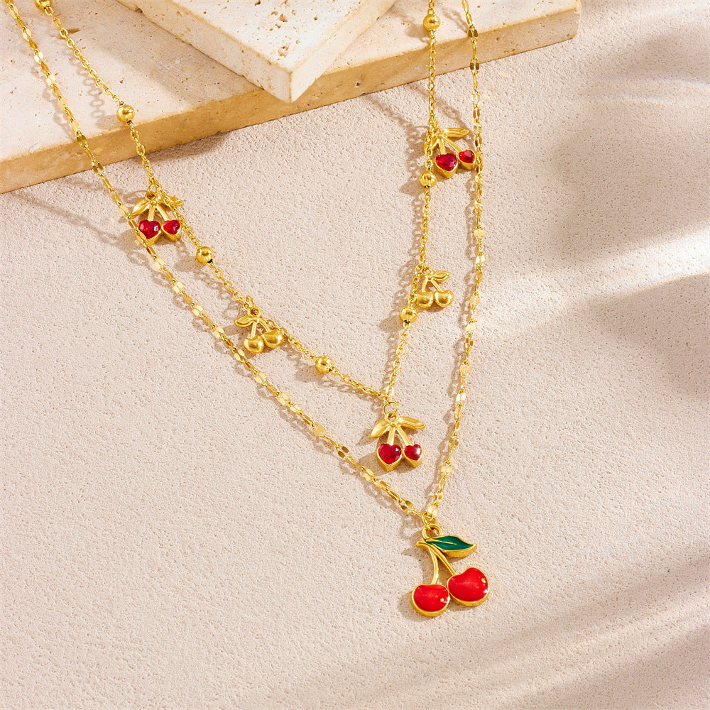 Sweet Rhinestone Drip Oil Cherry Fruit Pendant Gold Plated Stainless Steel Singapore Chain Necklace for Women