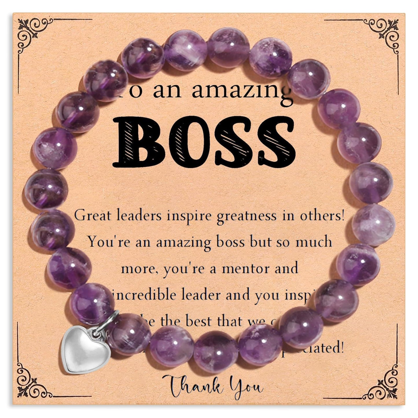 Minimalist Stainless Steel Amethyst Crystal Heart Beaded Bracelet Unisex Business Gift