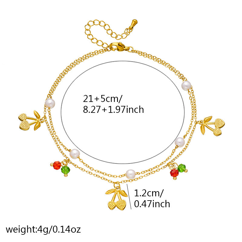 Sweet Stainless Steel Cherry Pendant Double Layer Anklet for Women