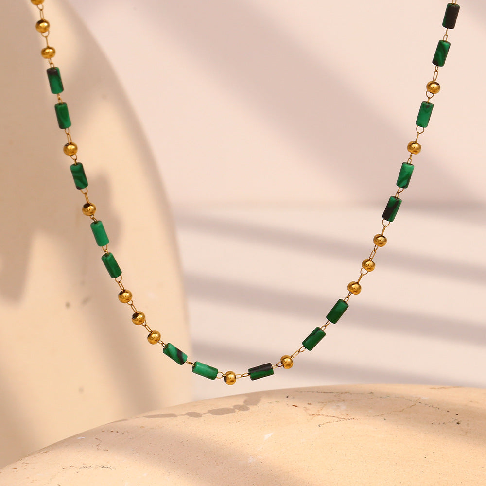Vintage French Style Geometric Cylinder Pendant Necklace in Stainless Steel with 18K Gold Plating and Natural Stone Bead Accents
