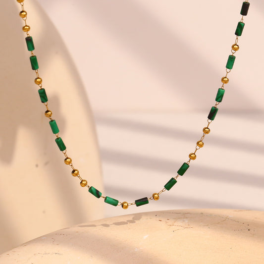 Vintage French Style Geometric Cylinder Pendant Necklace in Stainless Steel with 18K Gold Plating and Natural Stone Bead Accents