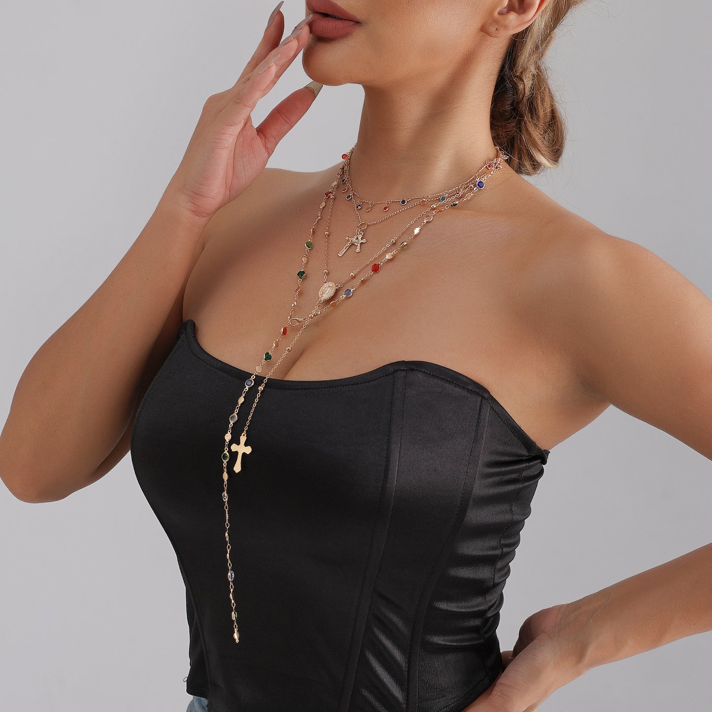 Fashion Geometric Cross Rhinestone Inlay Alloy Plated Y-Shape Necklace for Women