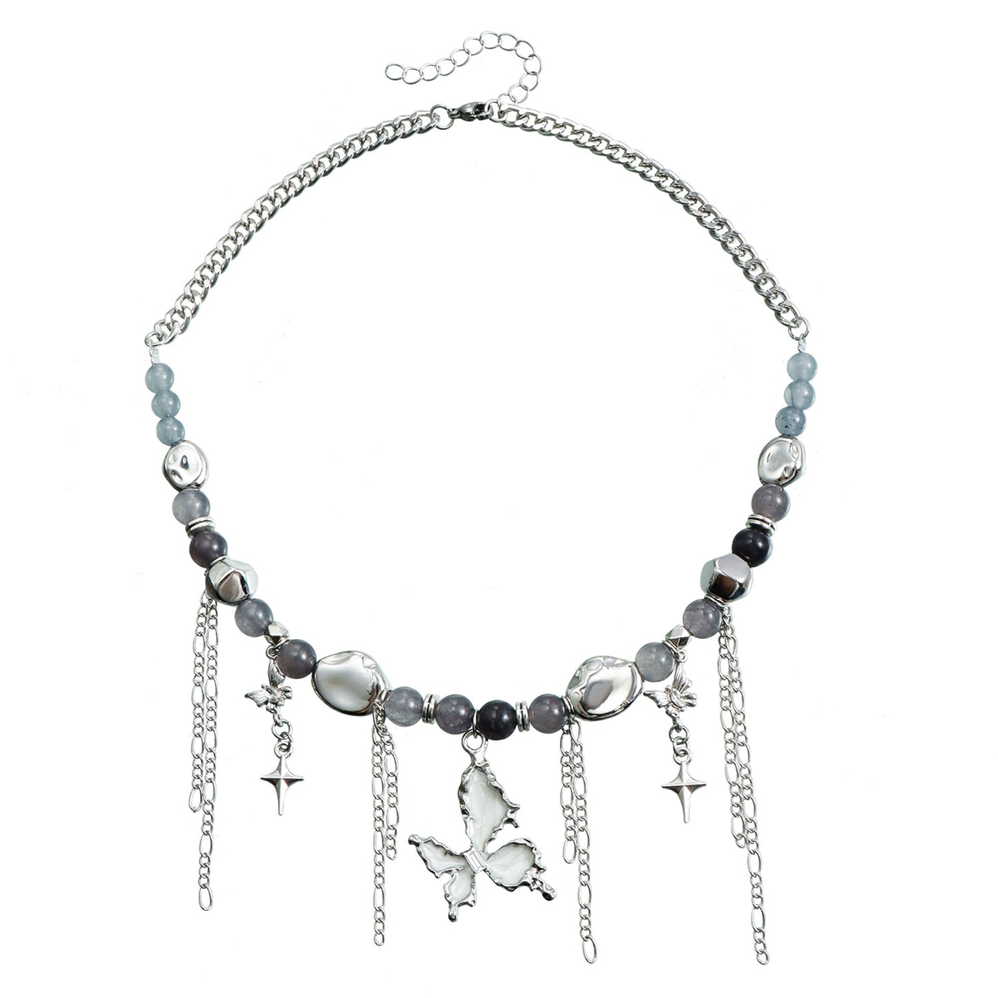 Collar de clavícula con colgante de mariposa esmaltado, incrustaciones de ojo de gato y borlas de estrella de cuatro puntas para mujer