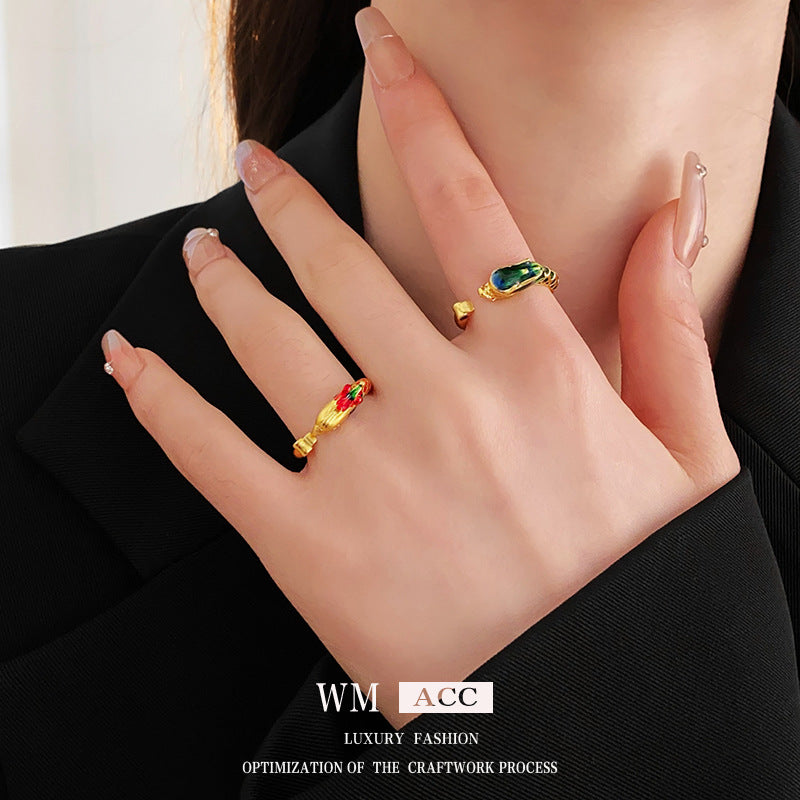 Vintage Chinese Style Dragon and Phoenix Geometric Ring for Women Made of Brass with Electroplating Finish