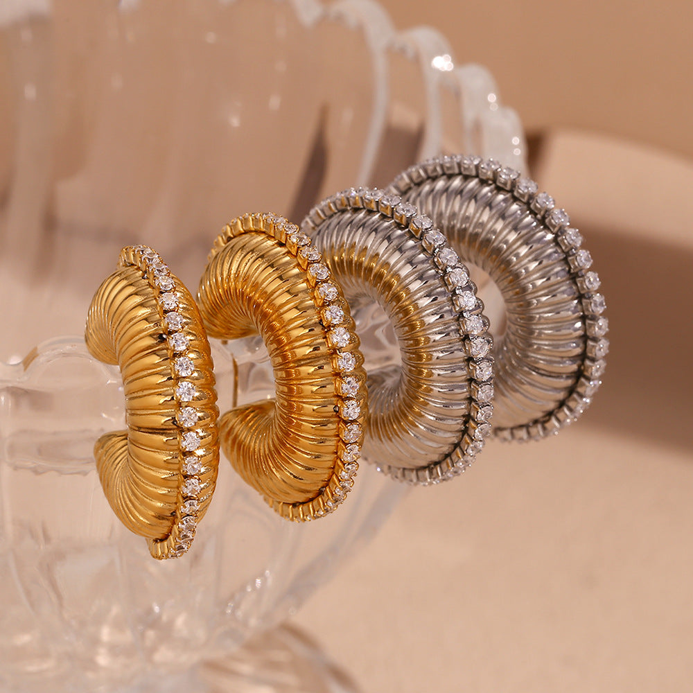 Fashionable Geometric Stainless Steel Hoop Earrings with 18K Gold Plating and Zircon Inlay for Women
