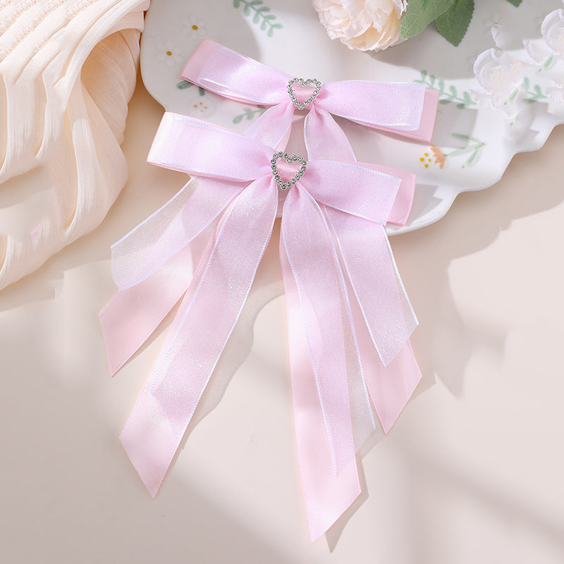 Natural Style Double-Layer Bow Hair Clip for Girls with Pink Lace, Tassel, Heart Shape, Rhinestone Accents and Ribbon Detail