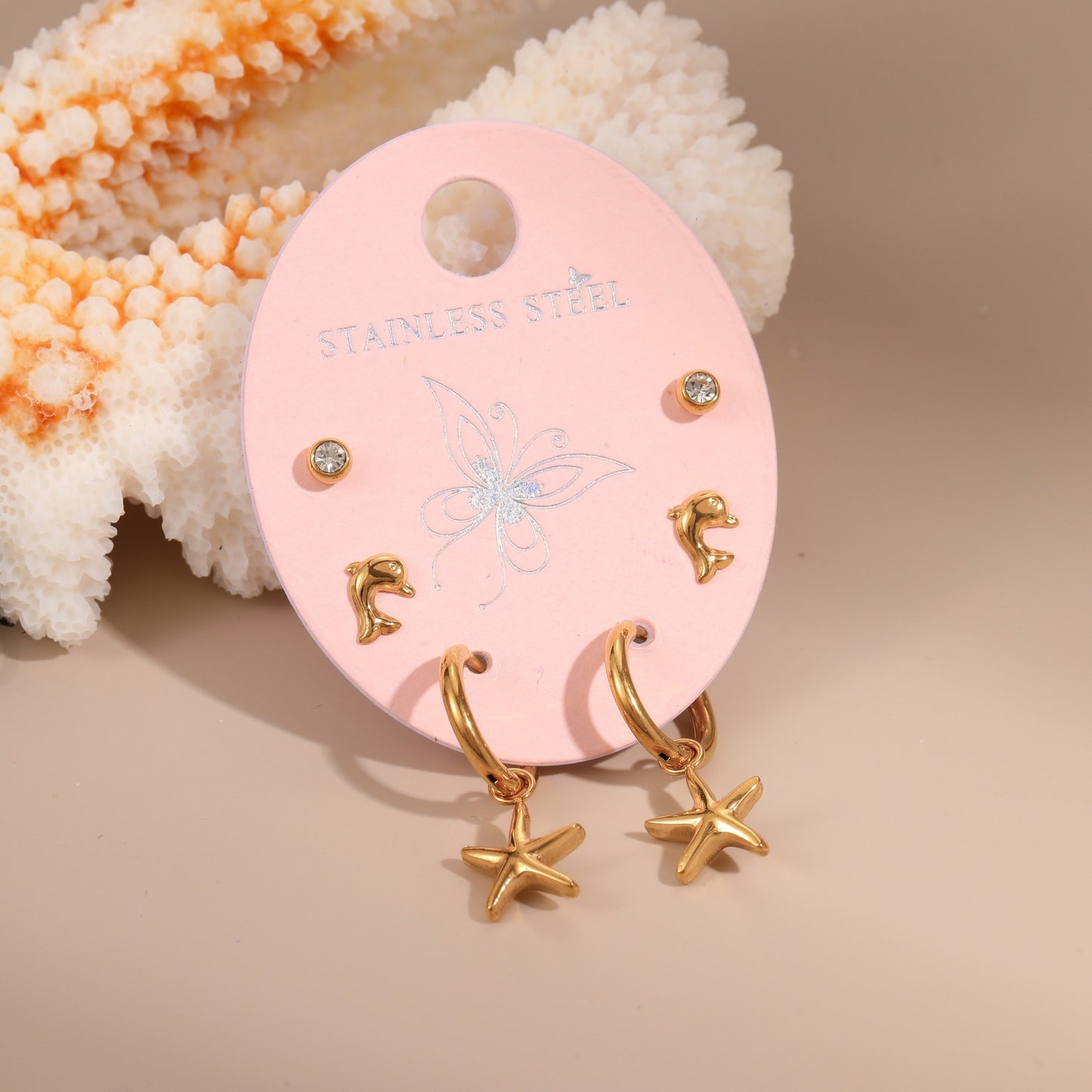 Orecchini a perno geometrici in acciaio inossidabile da donna, set da tre con intarsi di strass