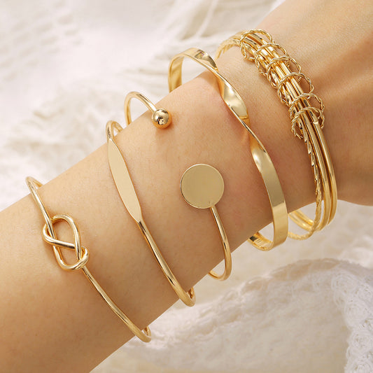 Bohemian Vintage Geometric Round Plated Alloy Open Knot Disc Cuff Bracelet Set for Women