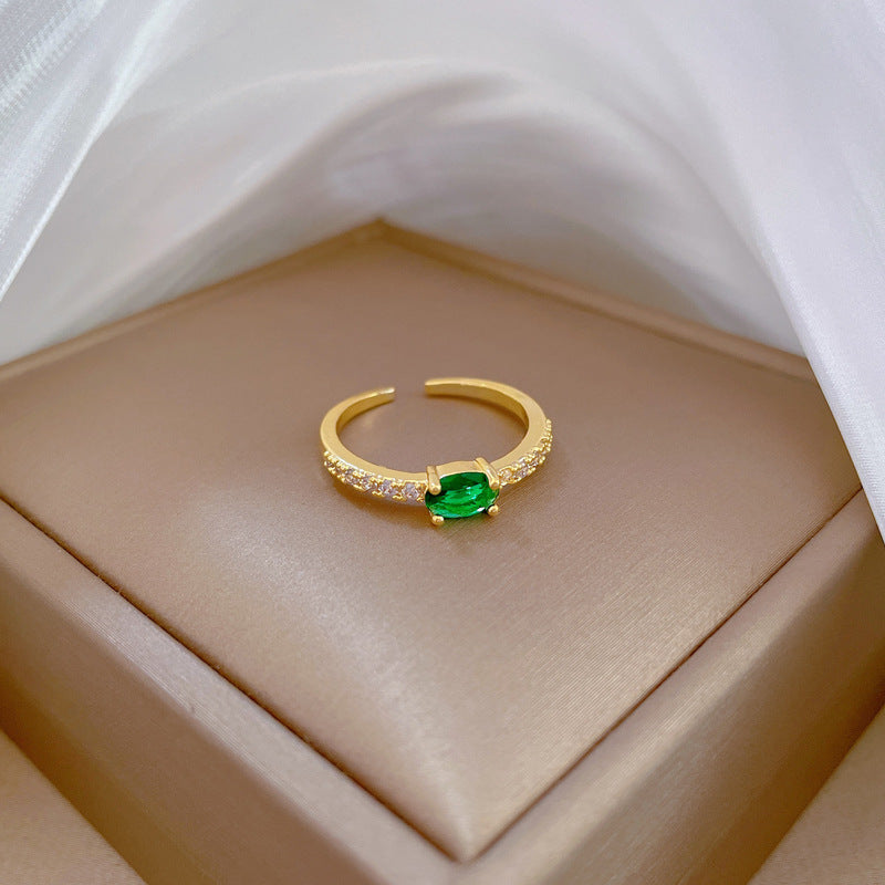 Anello da donna regolabile con zircone verde, design a corona, placcato in ottone, stile Kawaii fresco e dolce