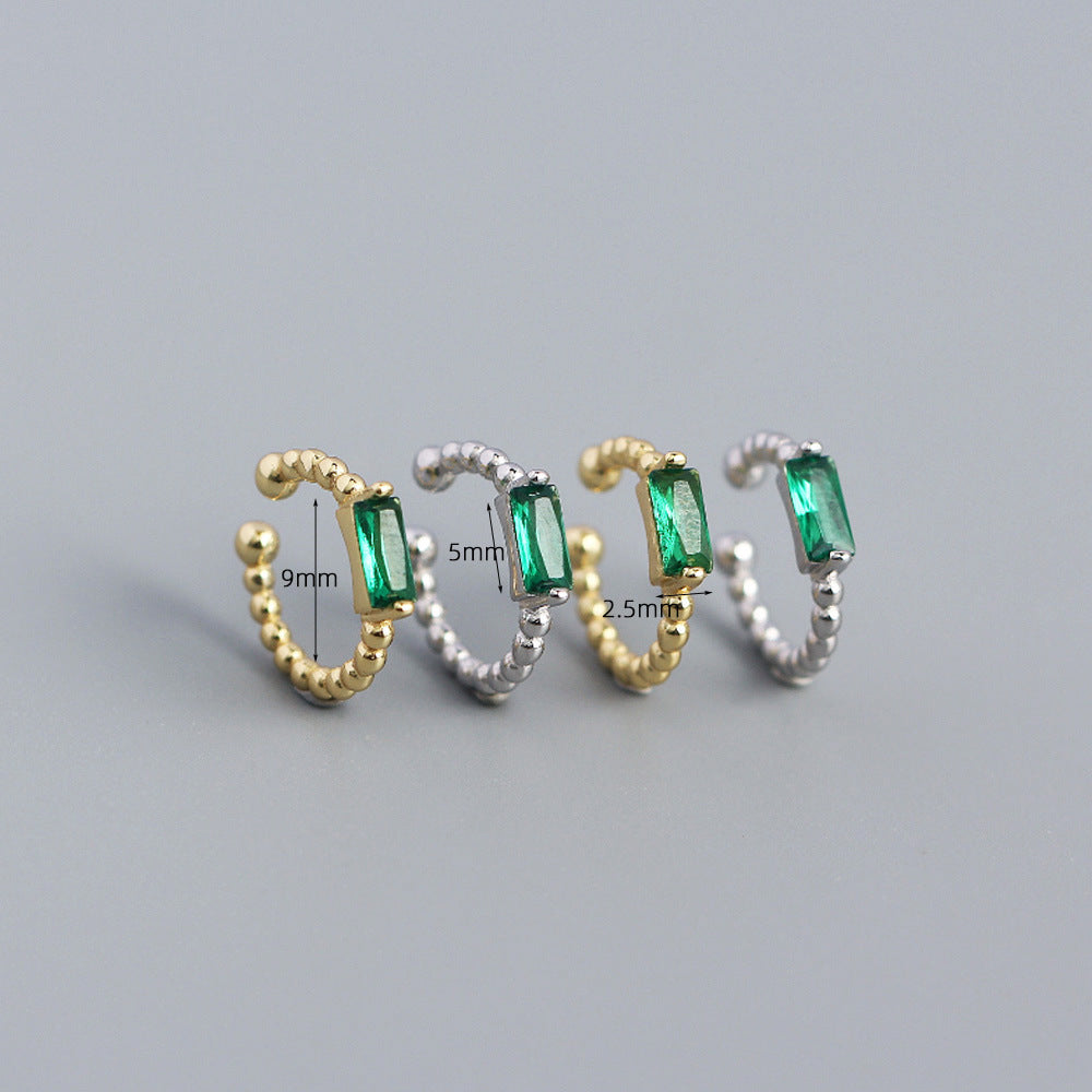 Sweet 925 Sterling Silver Geometric Round Inlaid Emerald Cubic Zirconia Ear Clip for Women