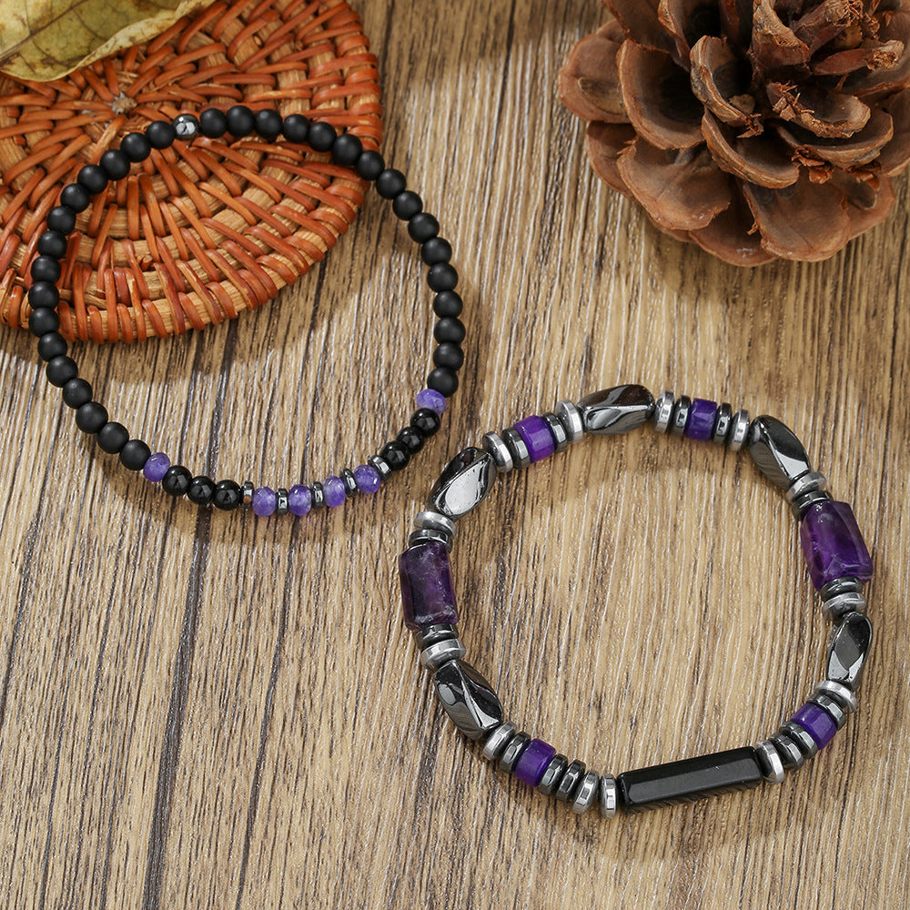 Bohemian Minimalist Geometric Hematite Amethyst Beaded Bracelet Handmade for Men and Women