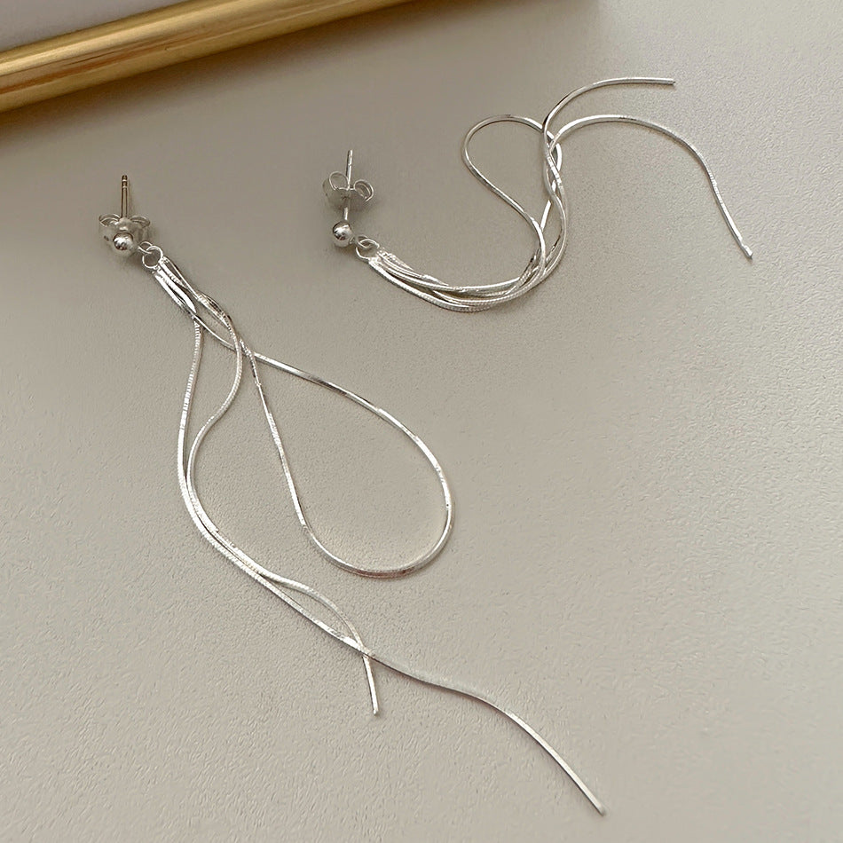 Minimalist Korean-Inspired Silver Snake Chain Earrings for Women with Geometric Beaded Accent and Polished 925 Sterling Silver Posts