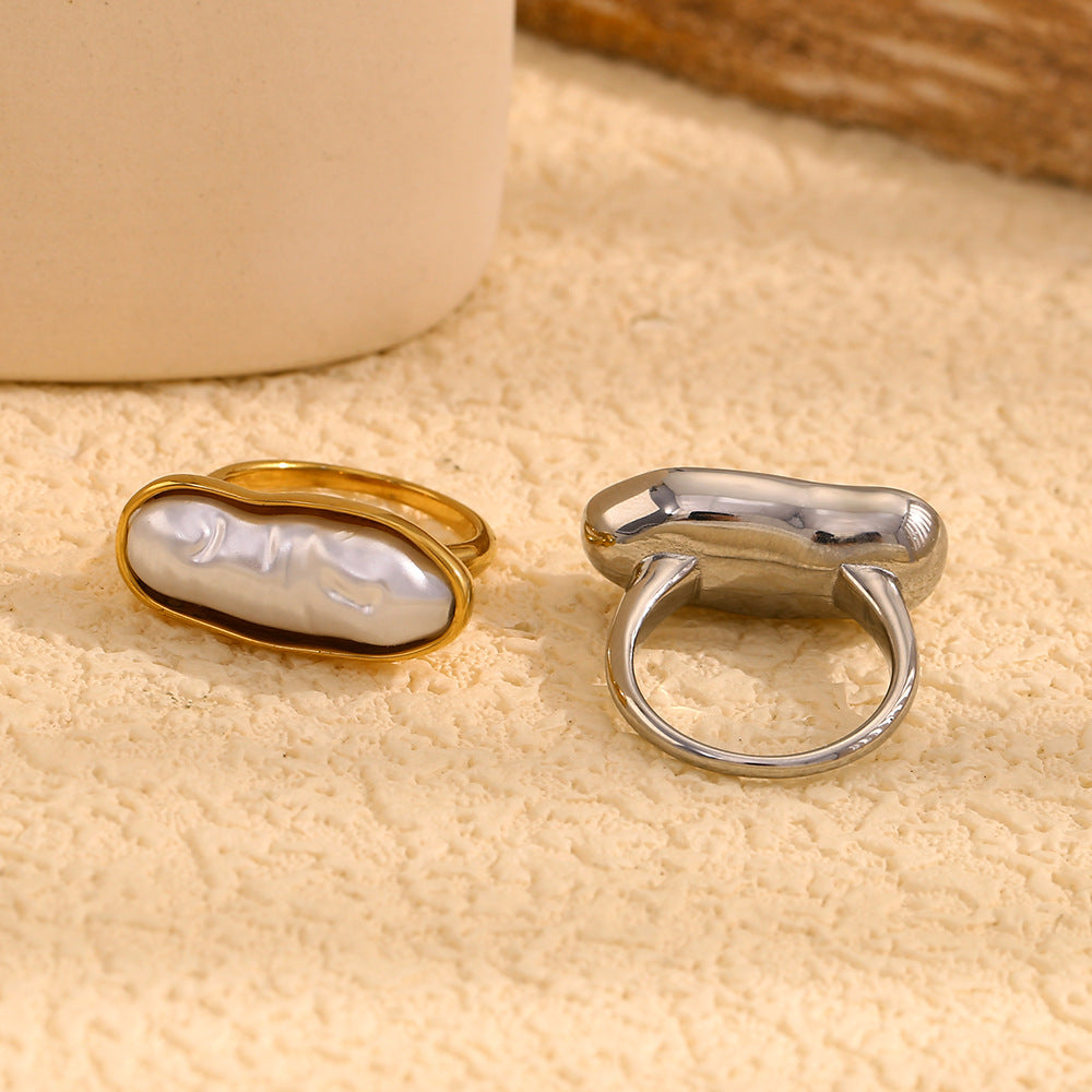 Anillo vintage geométrico de acero inoxidable con baño de oro de 18K y perla para mujer