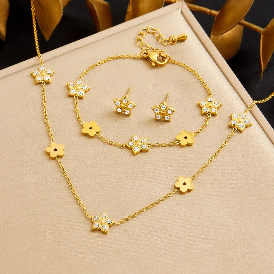 Minimalist Gold Plated Stainless Steel Star and Flower Rhinestone Jewelry Set for Women