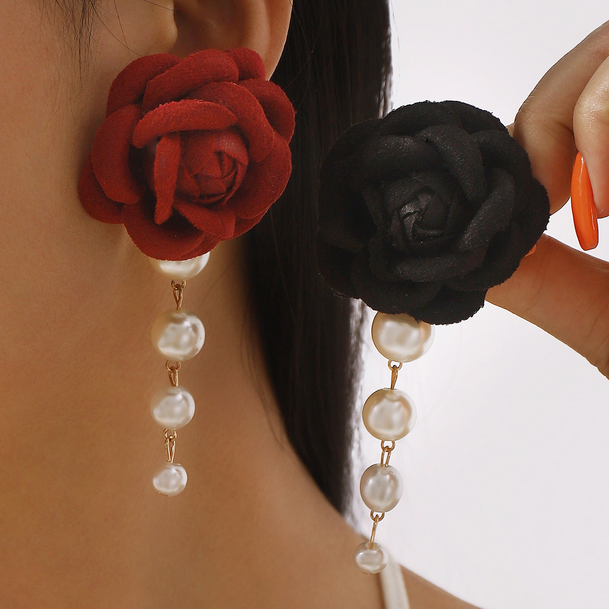 Dulces pendientes de gota con perlas y flores de tela de moda minimalista de verano para mujer
