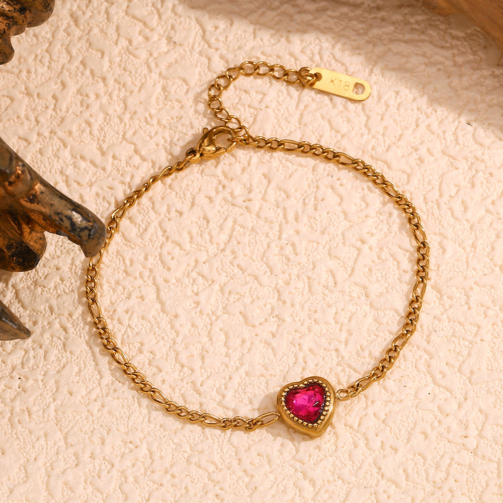 Fashionable Minimalist Heart-Shaped Stainless Steel Plated 18K Gold Figaro Bracelet for Women