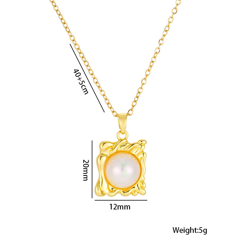 Collana con cornice artistica quadrata irregolare minimalista da donna in acciaio al titanio con finitura galvanizzata e ciondolo a perla di sirena