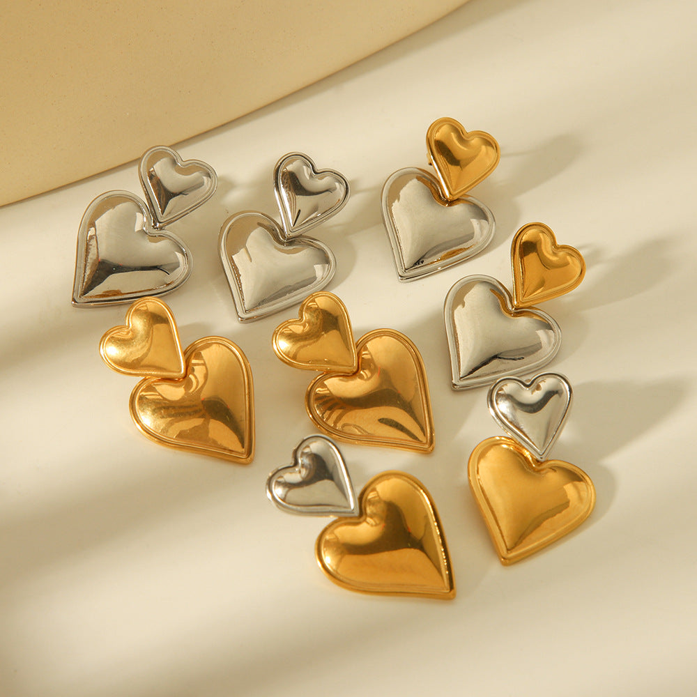 INS Style Heart-Shaped Stainless Steel Earrings with Hammered Texture and 18K Gold Plating for Women