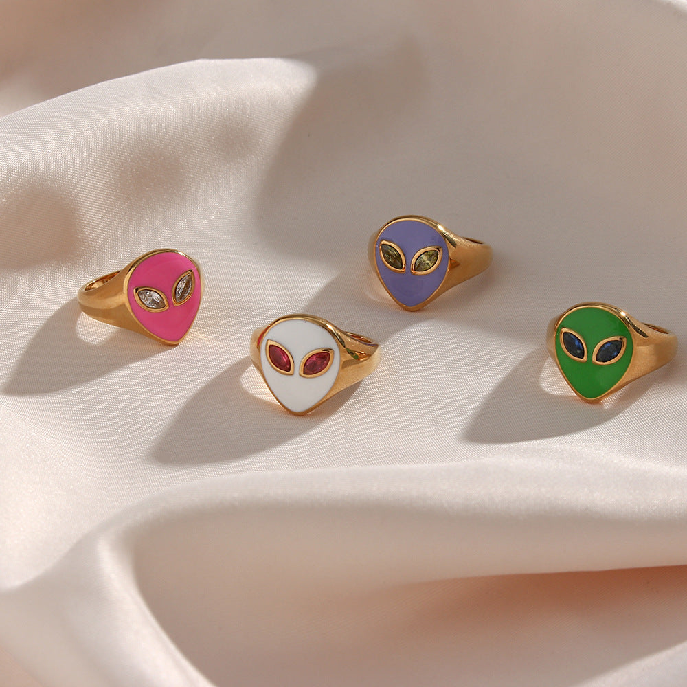 Anello Minimalista Geometrico Aliena da Donna in Acciaio Inossidabile con Placcatura Oro 18K e Finitura Smaltata