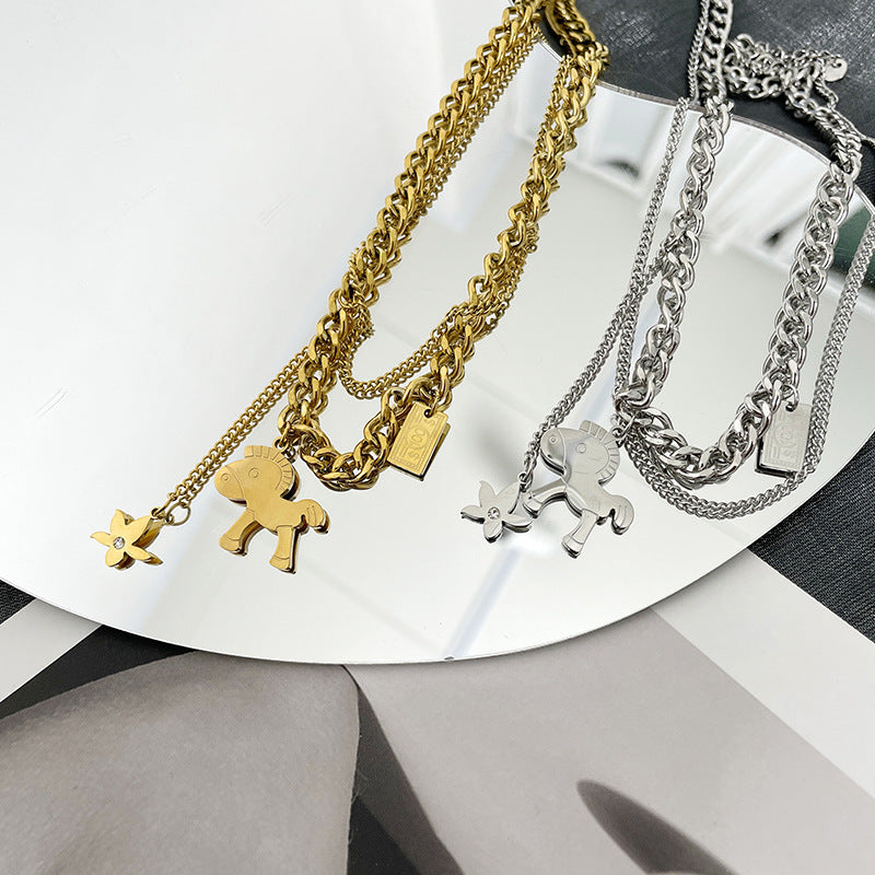 Minimalist Geometric Horse Pendant Necklace for Women Titanium Steel Water Wave Chain