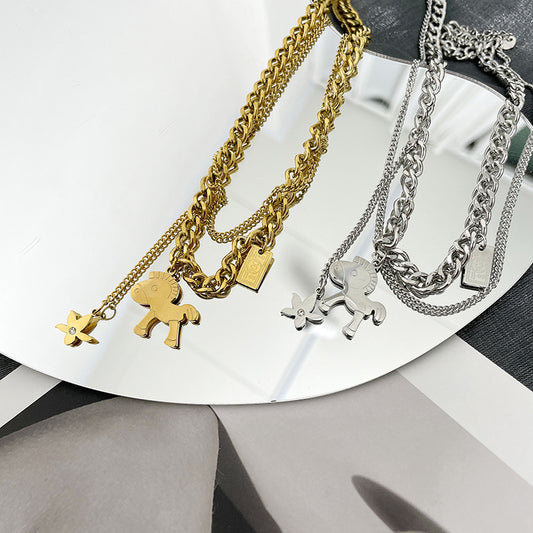 Minimalist Geometric Horse Pendant Necklace for Women Titanium Steel Water Wave Chain