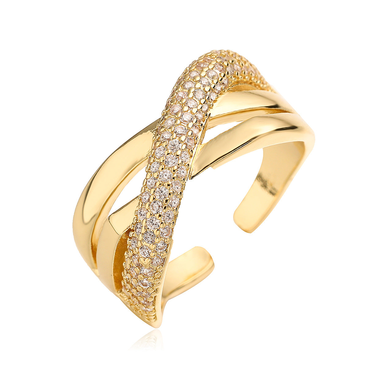 Anillo Abierto Geométrico Minimalista para Mujer en Cobre con Baño de Oro de 18K e Incrustación de Zircón