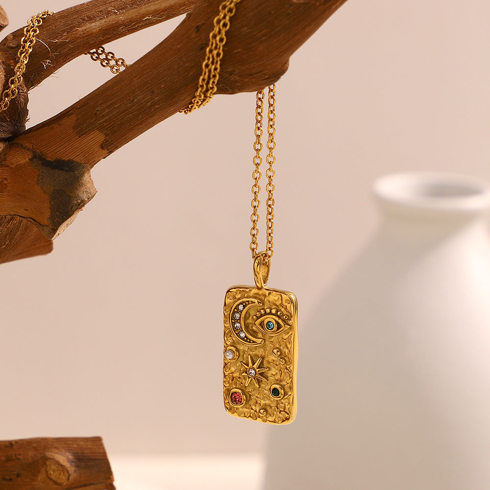 Fashionable Geometric Moon and Star Pendant Necklace for Women in Stainless Steel with 18K Gold Plating