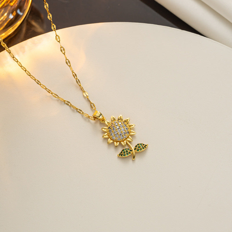 Minimalist Sunflower Pendant Necklace for Women in Titanium Steel with Plating Finish and Zircon Accents on Wavy Chain