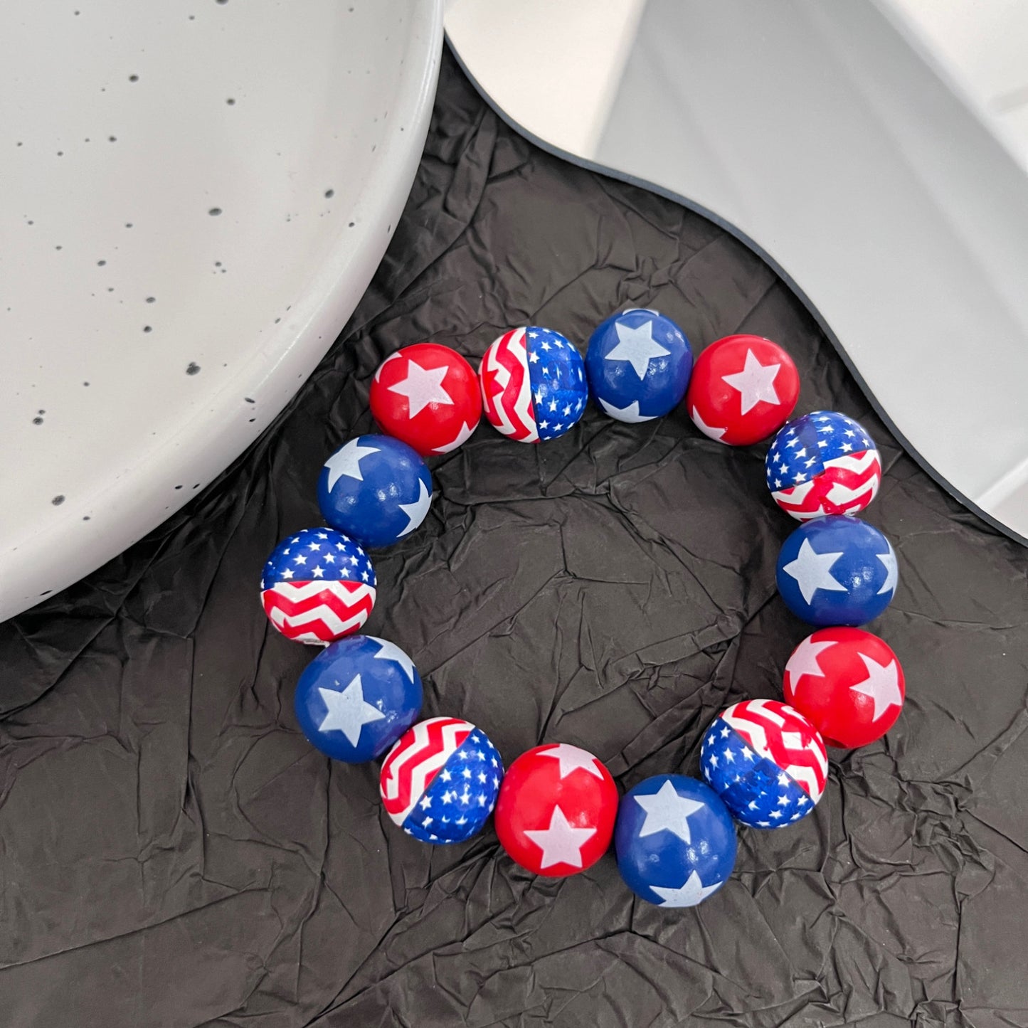 Striped Star Round Wood Beaded Bracelet Charm Bar Unisex