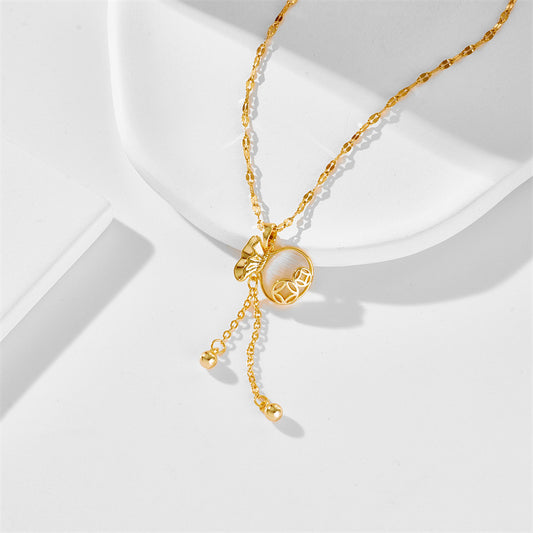Geometric Cat's Eye Coin Pendant Necklace with Tassels on Wavy Chain in Titanium Steel with Gold Plating