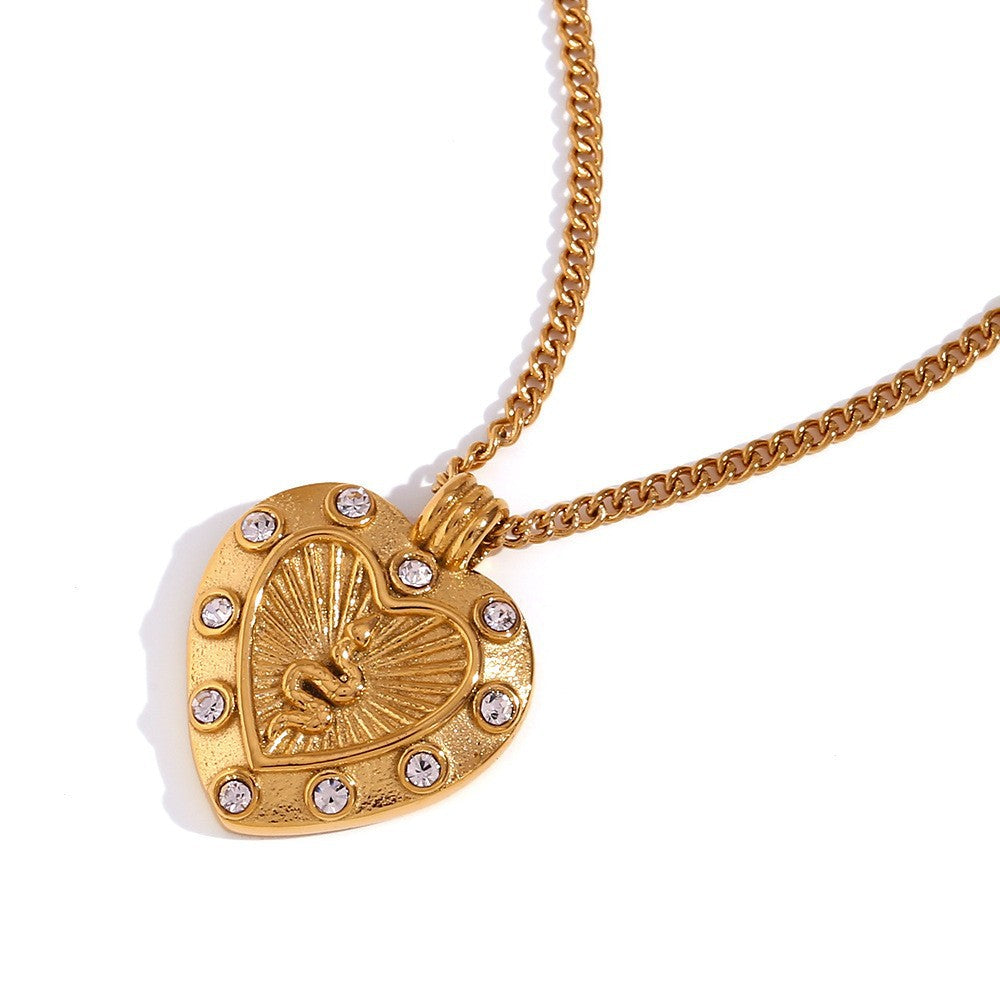 Vintage Fashion Geometric Sun Star Heart Pendant Necklace for Women in Titanium Steel with 18K Gold Plating