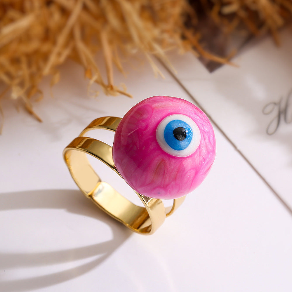 Fashionable Adjustable Evil Eye Ring for Women in Copper with Enamel Finish Geometric Design