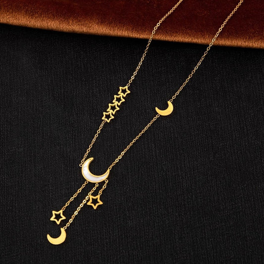 Minimalist Geometric Star and Moon Pendant Necklace in Titanium Steel with Plated Finish for Clavicle Wear