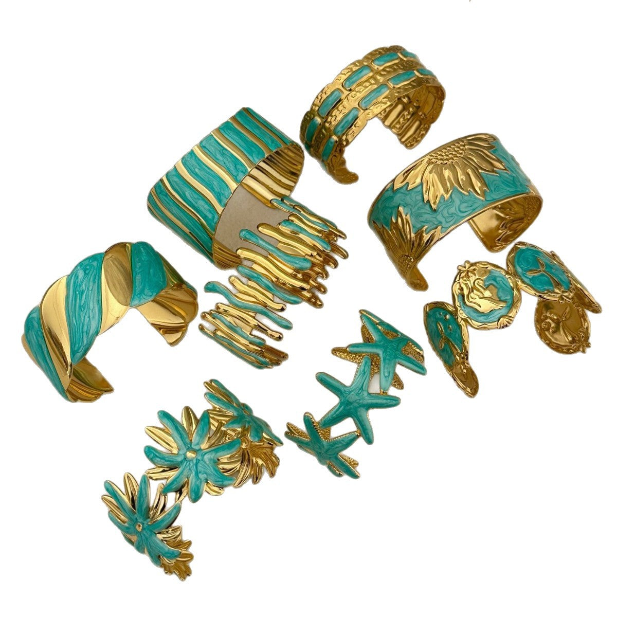 Vintage Geometric Leaf Flower Heart Star Drip Oil Stainless Steel Open Cuff Bracelet for Women