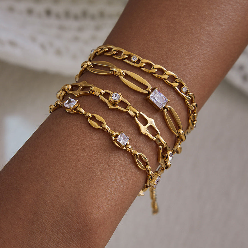 Bracciale Lusso Minimalista Geometrico in Acciaio Inossidabile Placcato Oro 18K con Strass da Donna
