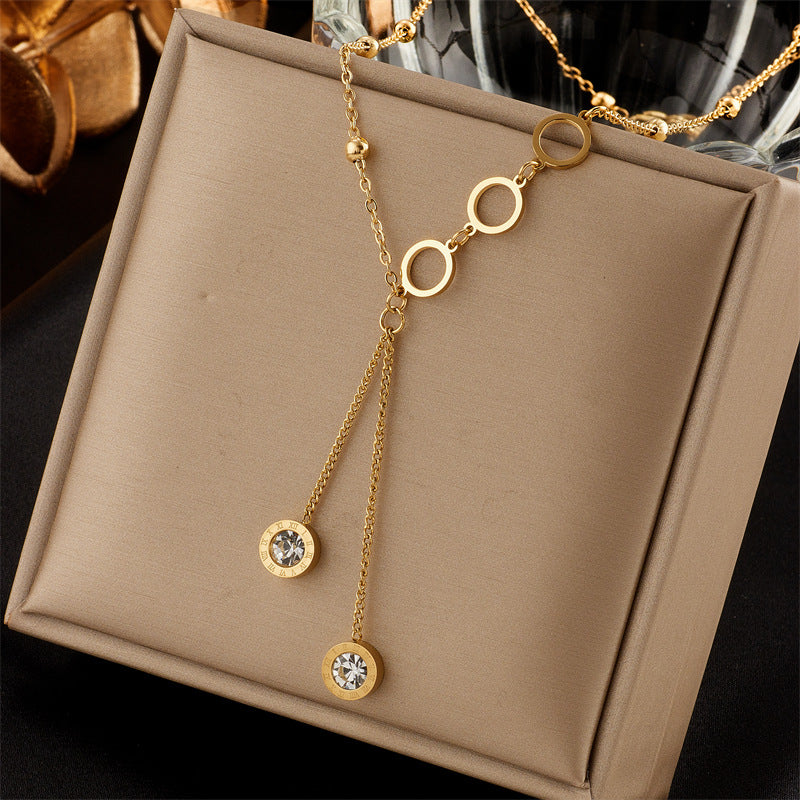 Minimalist Luxe Geometric Tassel Pendant Necklace in Titanium Steel with Rhinestone Inlay and Plated Finish