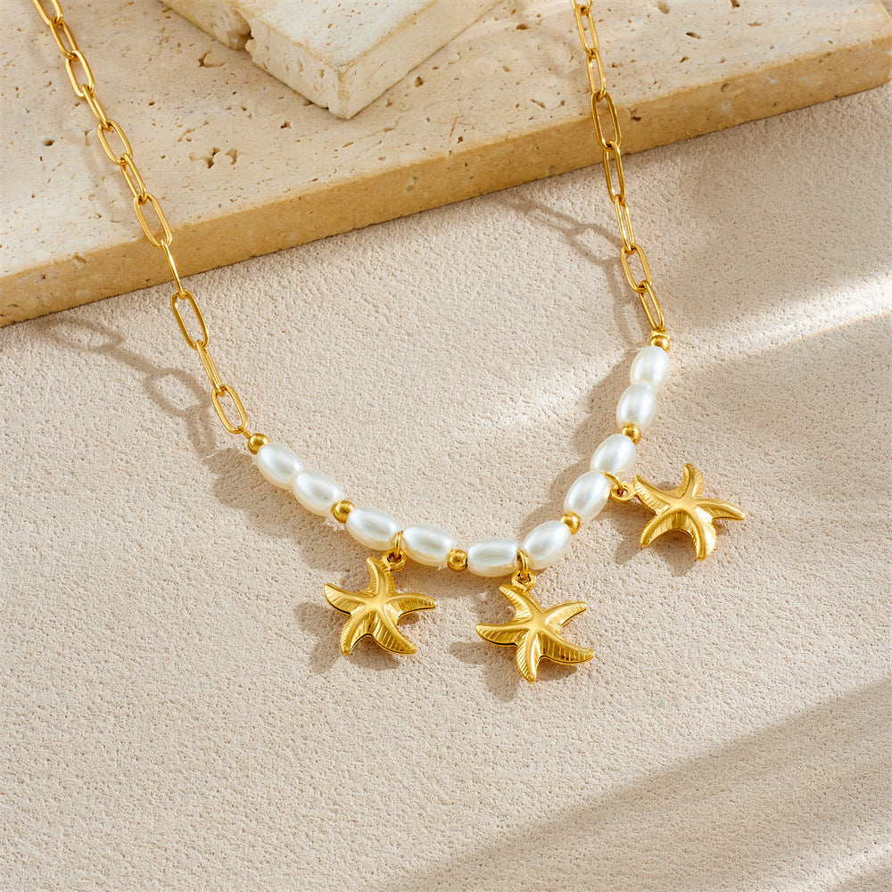 Minimalist Gold Plated Starfish Stainless Steel Necklace with Simulated Pearl Beads for Women