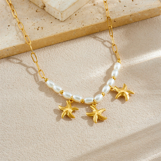 Minimalist Gold Plated Starfish Stainless Steel Necklace with Simulated Pearl Beads for Women