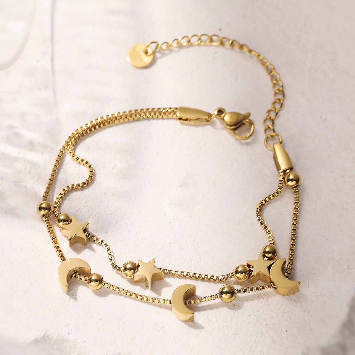 Minimalist 18K Gold Plated Star Moon Geometric Stainless Steel Double Layer Bracelet for Women