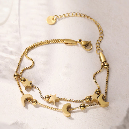 Minimalist 18K Gold Plated Star Moon Geometric Stainless Steel Double Layer Bracelet for Women