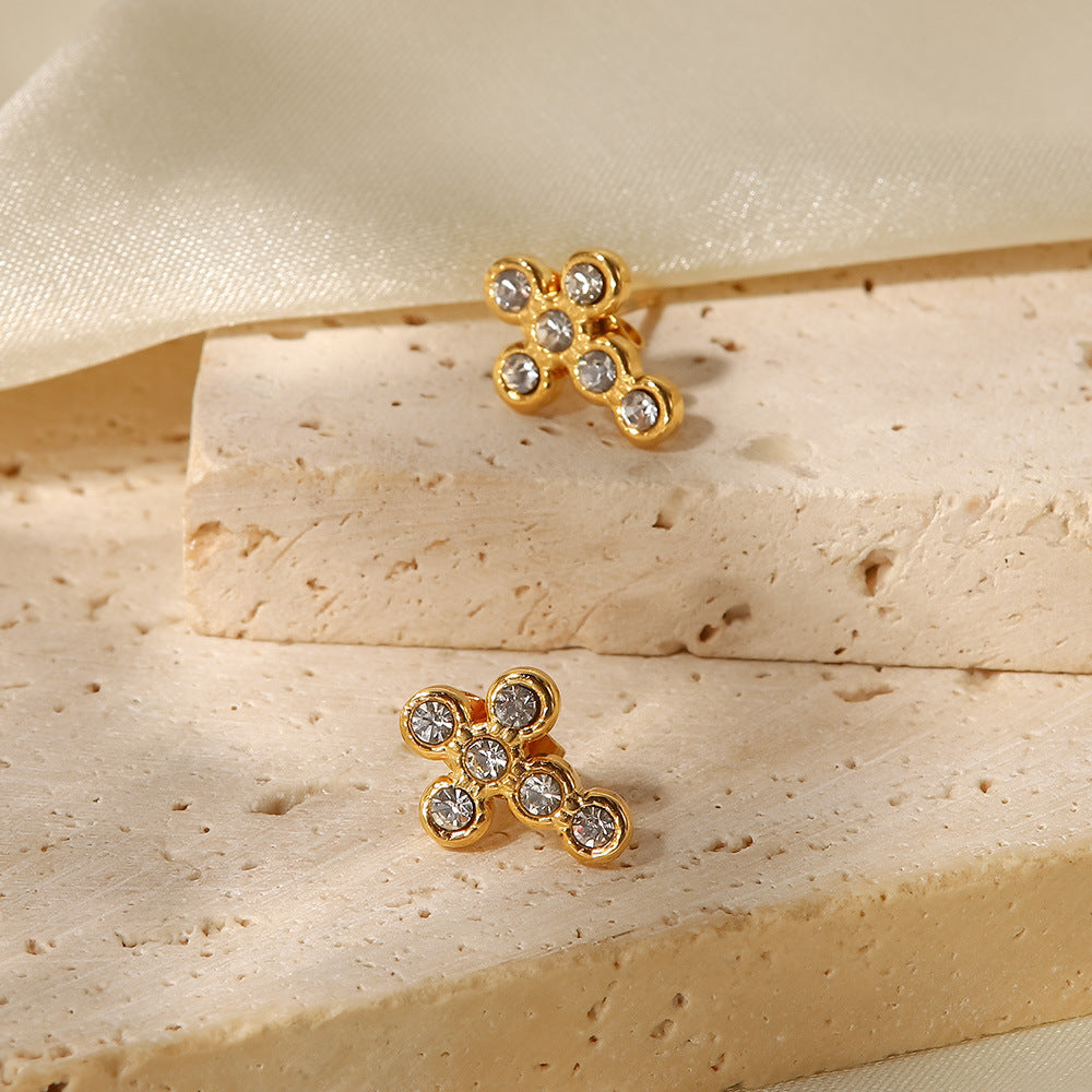 Minimalist Geometric Stainless Steel Cross Stud Earrings with Rhinestone Inlay for Women