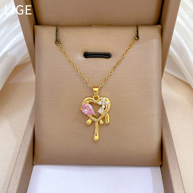 Collana da donna in acciaio inossidabile con cuore romantico e motivo floreale, intarsi in strass, elegante catena per clavicola