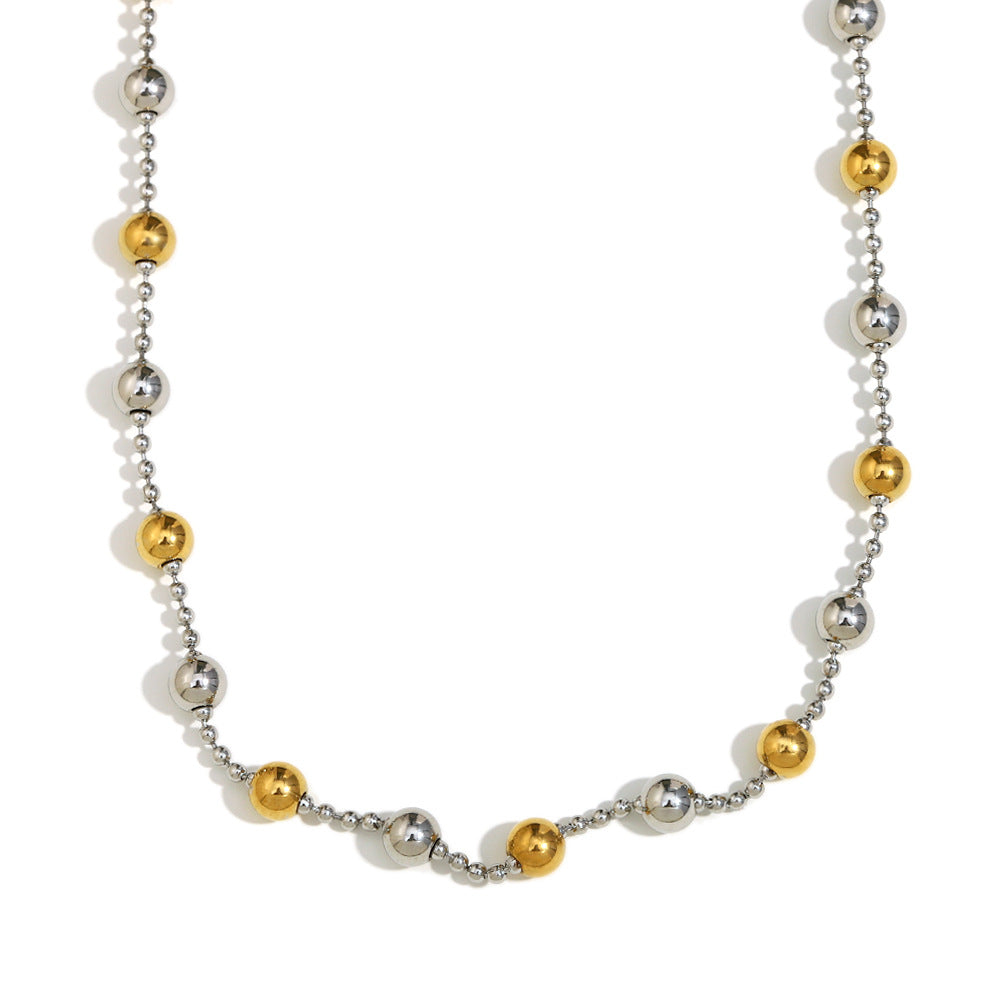 Collana Minimalista Geometrica a Doppio Strato in Acciaio Inox Placcato Oro 18K con Perle d'Oro Alternate e Maglie a Catena Rotonde