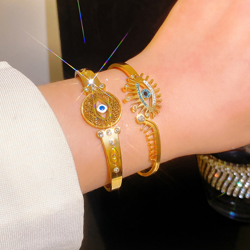 Vintage Evil Eye Open Cuff Titanium Steel Plated Bracelet