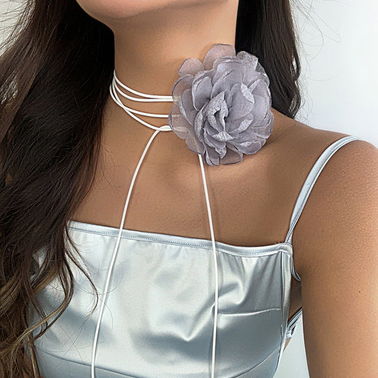 Sweet Handmade Floral Mesh Fabric Choker Necklace with Tassel DIY Charm Bar for Women