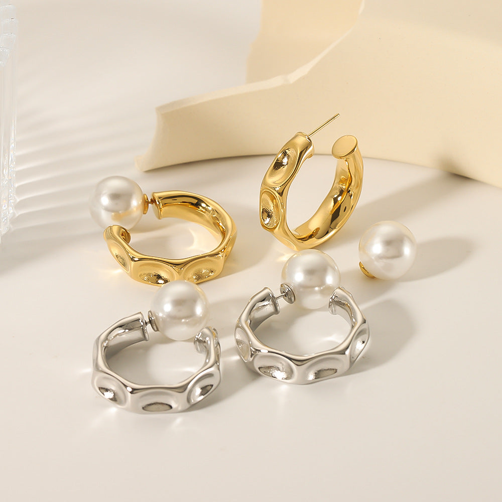 Minimalist Geometric Stainless Steel Ear Cuffs with 18K Gold Plating and Pearl Inlay for Women
