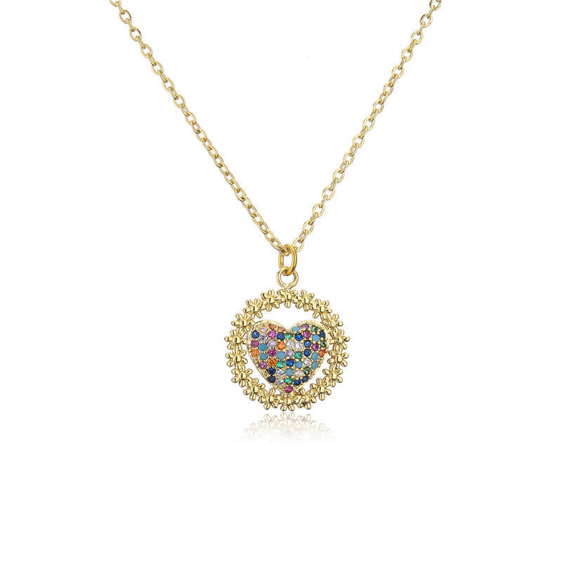 18K Gold Plated Heart Geometric Brass Necklace with Cubic Zirconia Inlay for Women