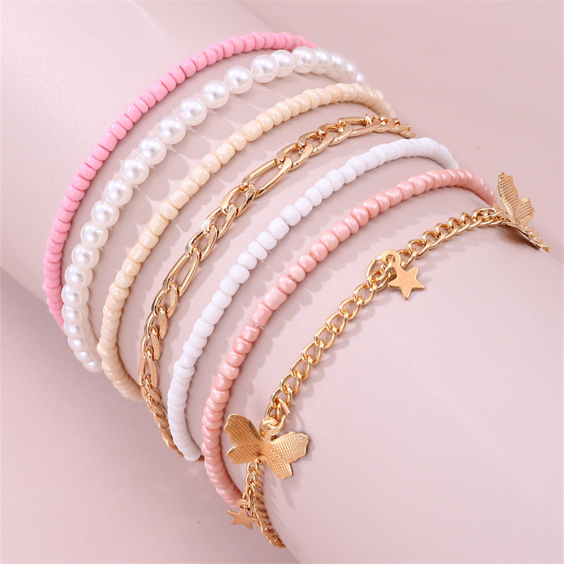Tobillera Minimalista de Mariposa y Estrella con Cuentas de Cristal, Tobillera Hecha a Mano en Pequeños Lotes para Niñas