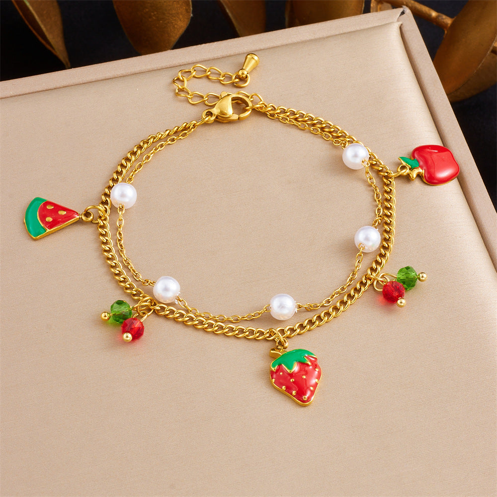 Sweet Gold Plated Stainless Steel Cherry Strawberry Pendant Bracelet